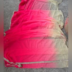 Mesh knit women’s saree hot pink and cream ombré w/ beaded sequin pearl accents